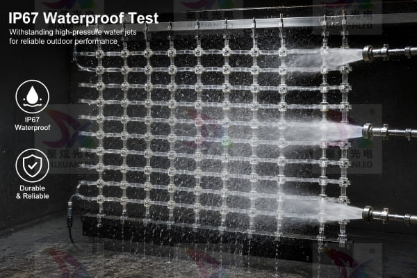 An LED mesh panel being tested with high-pressure water jets to prove its IP67 waterproof rating